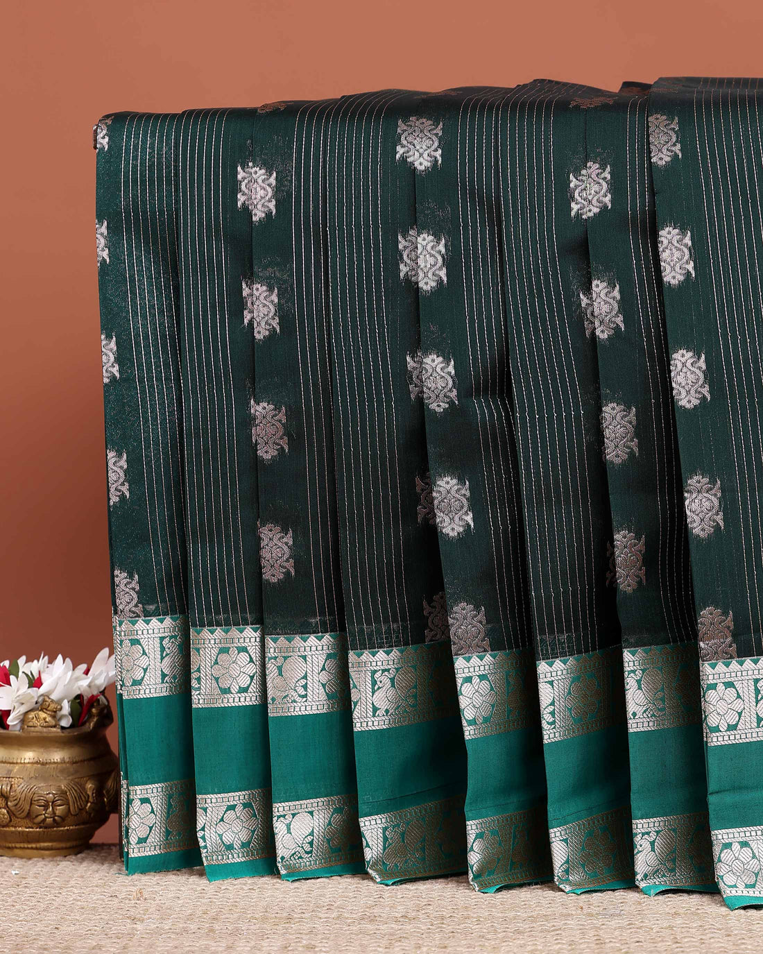 Elegant Elampillai Silk Cotton Saree with Fine Vertical Stripes Traditional Motif Buttas and Rich Zari Woven Border - Green