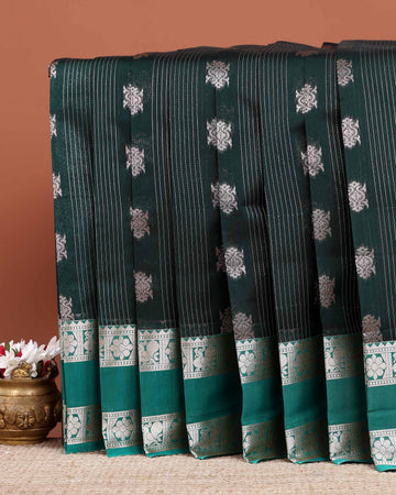 Elegant Elampillai Silk Cotton Saree with Fine Vertical Stripes Traditional Motif Buttas and Rich Zari Woven Border - Green