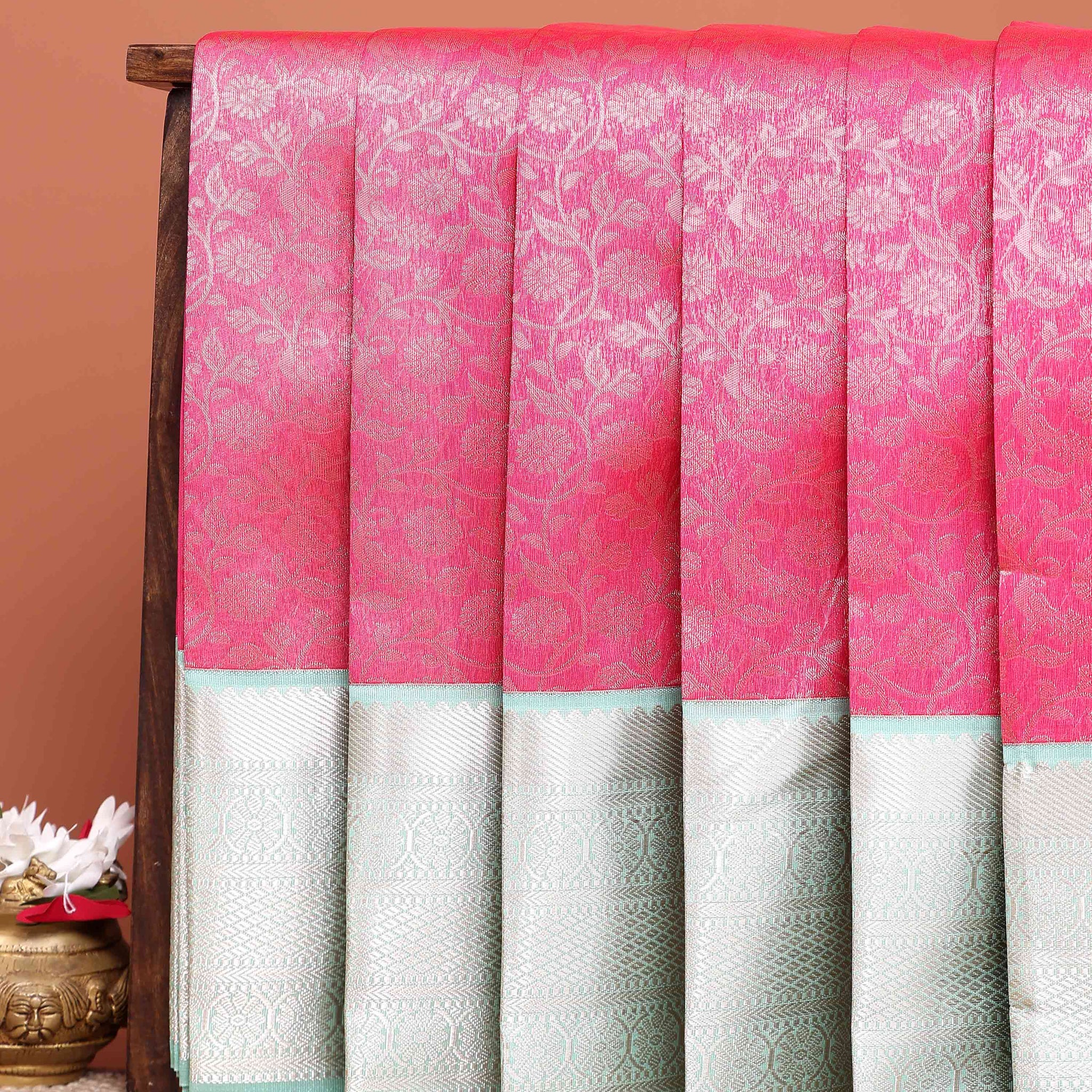 Elegant Elampillai Silk Cotton Saree with Intricate Floral Jacquard Weaves and Traditional Zari Border - Pink