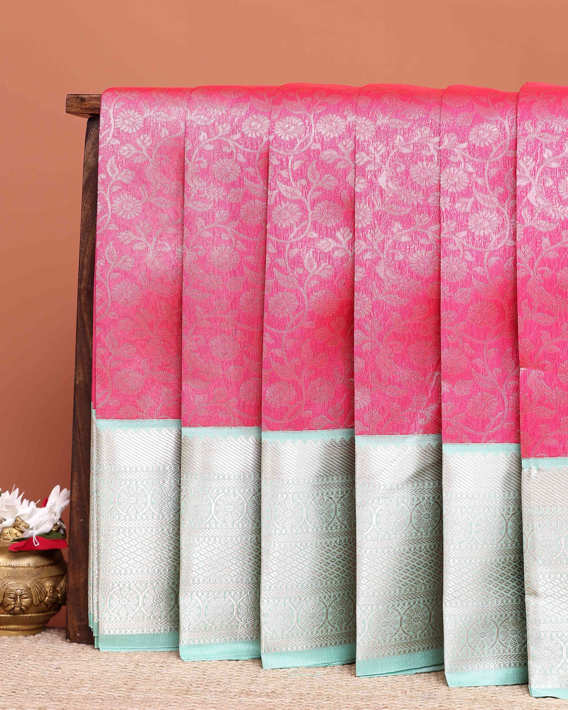 Elegant Elampillai Silk Cotton Saree with Intricate Floral Jacquard Weaves and Traditional Zari Border - Pink
