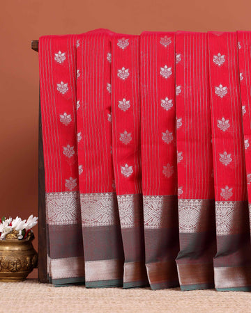 Elegant Elampillai Silk Cotton Saree with Intricate Silver Zari Woven Motifs and Ornate Border - Red
