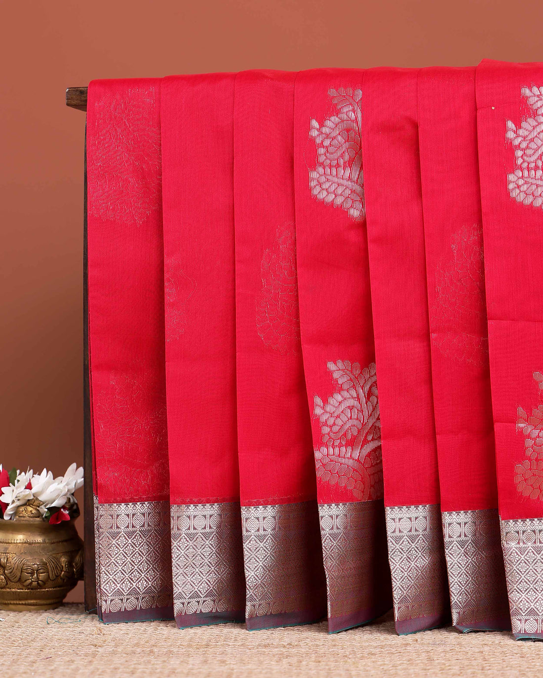 Elegant Elampillai Silk Cotton Saree with Intricate Woven Motifs and Zari Border - Red