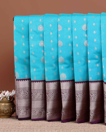 Elegant Elampillai Silk Cotton Saree with Intricate Zari Butti Weave and Rich Contrast Border - Sky Blue