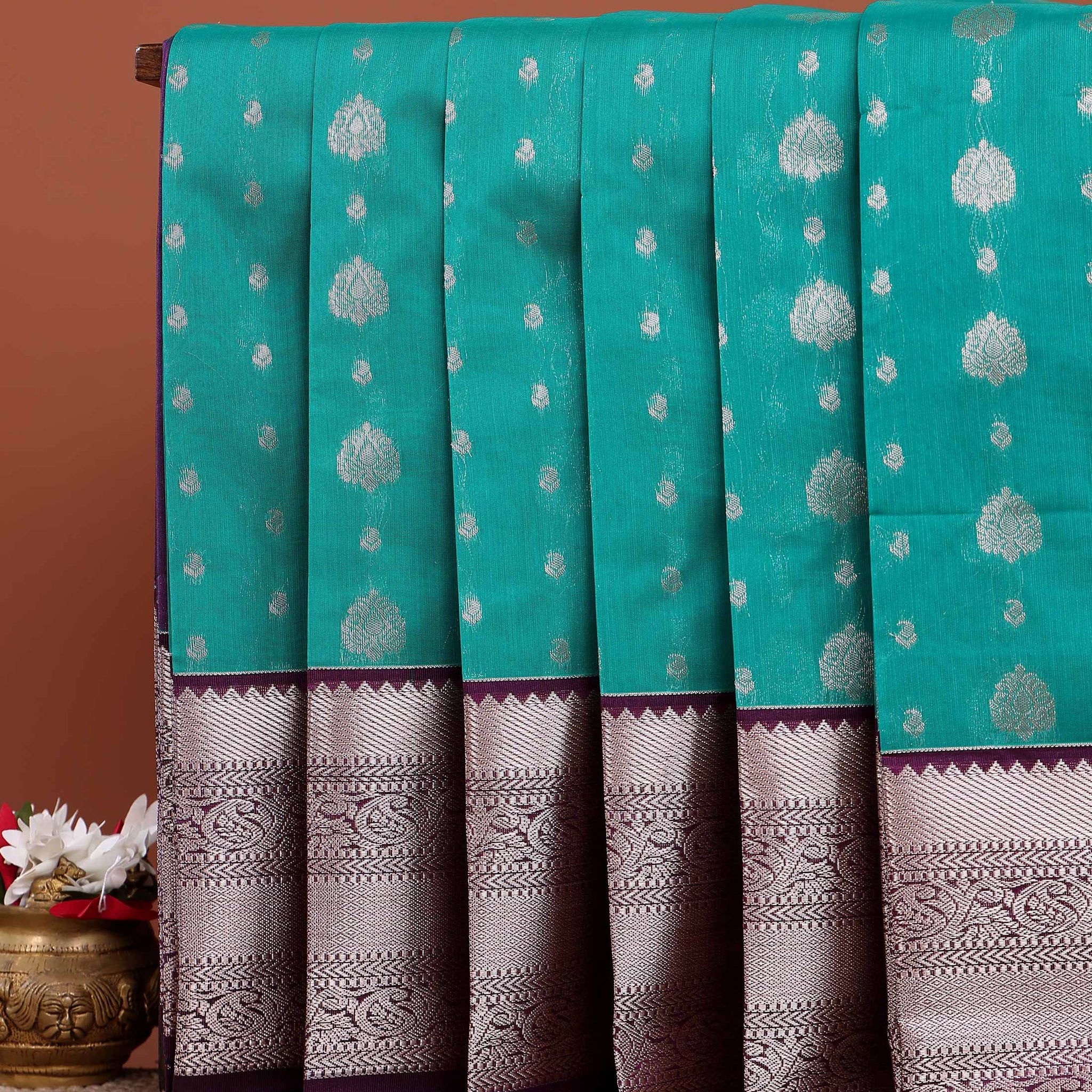 Elegant Elampillai Silk Cotton Saree with Intricate Zari Buttis and Contrast Border - Turquoise 
