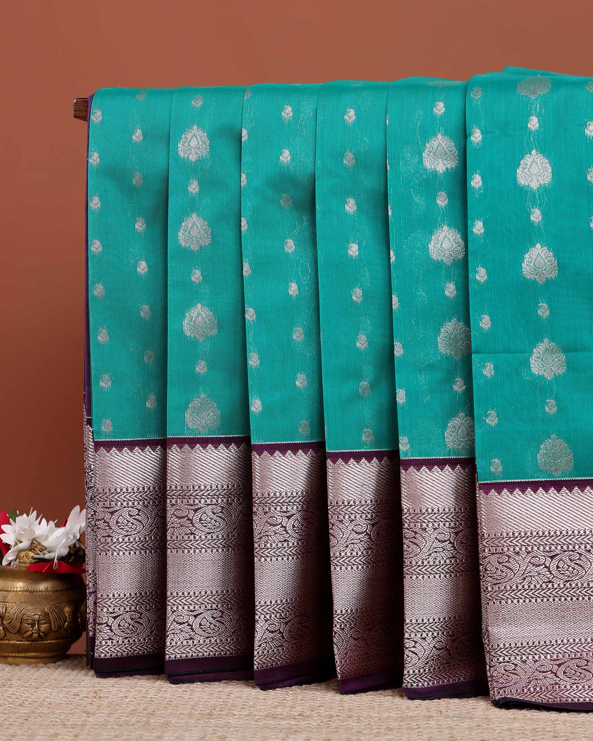 Elegant Elampillai Silk Cotton Saree with Intricate Zari Buttis and Contrast Border - Turquoise 