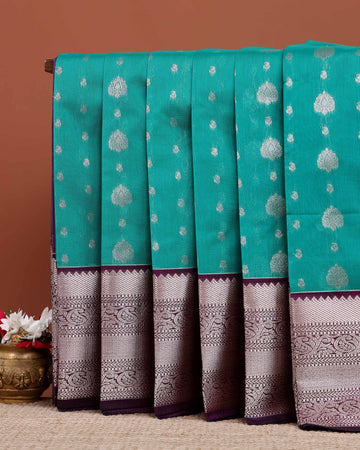 Elegant Elampillai Silk Cotton Saree with Intricate Zari Buttis and Contrast Border - Turquoise 