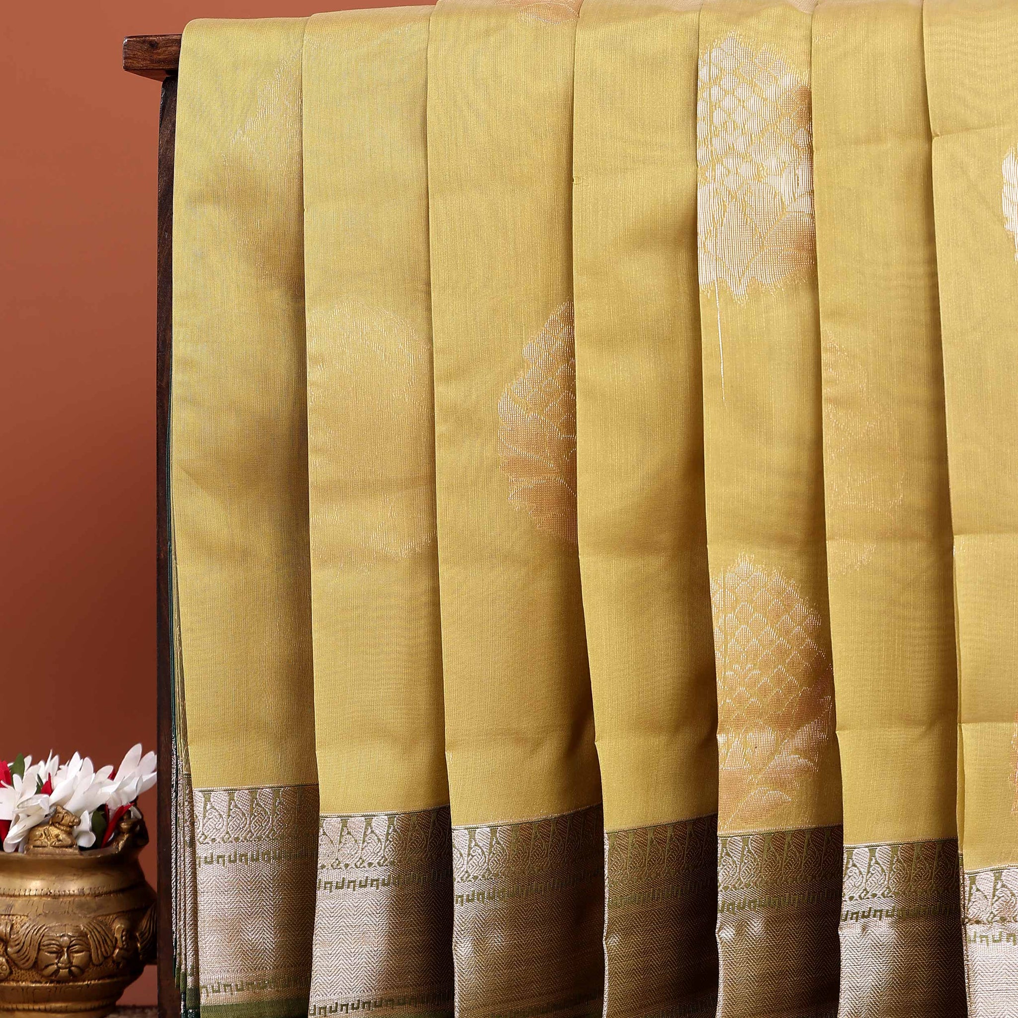 Elegant Elampillai Silk Cotton Saree with Intricate Zari Work and Contrast Border - Olive Green