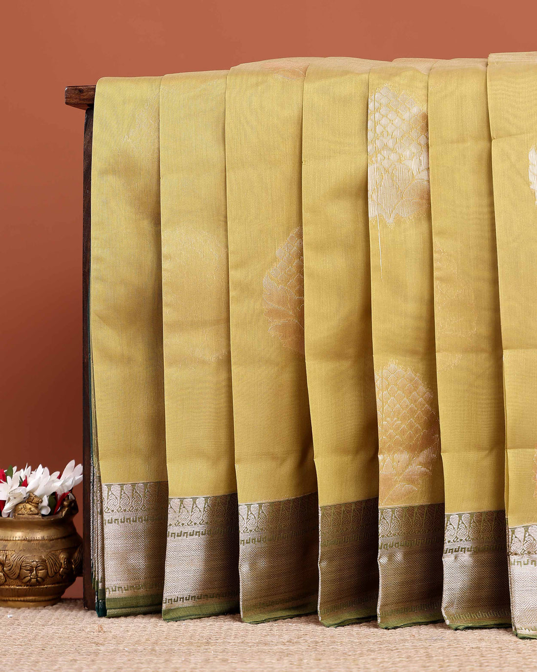 Elegant Elampillai Silk Cotton Saree with Intricate Zari Work and Contrast Border - Olive Green