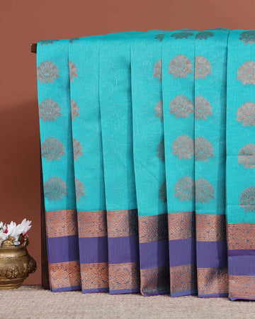 Elegant Elampillai Silk Cotton Saree with Intricate Zari Woven Border and Butta Motifs - Sky Blue