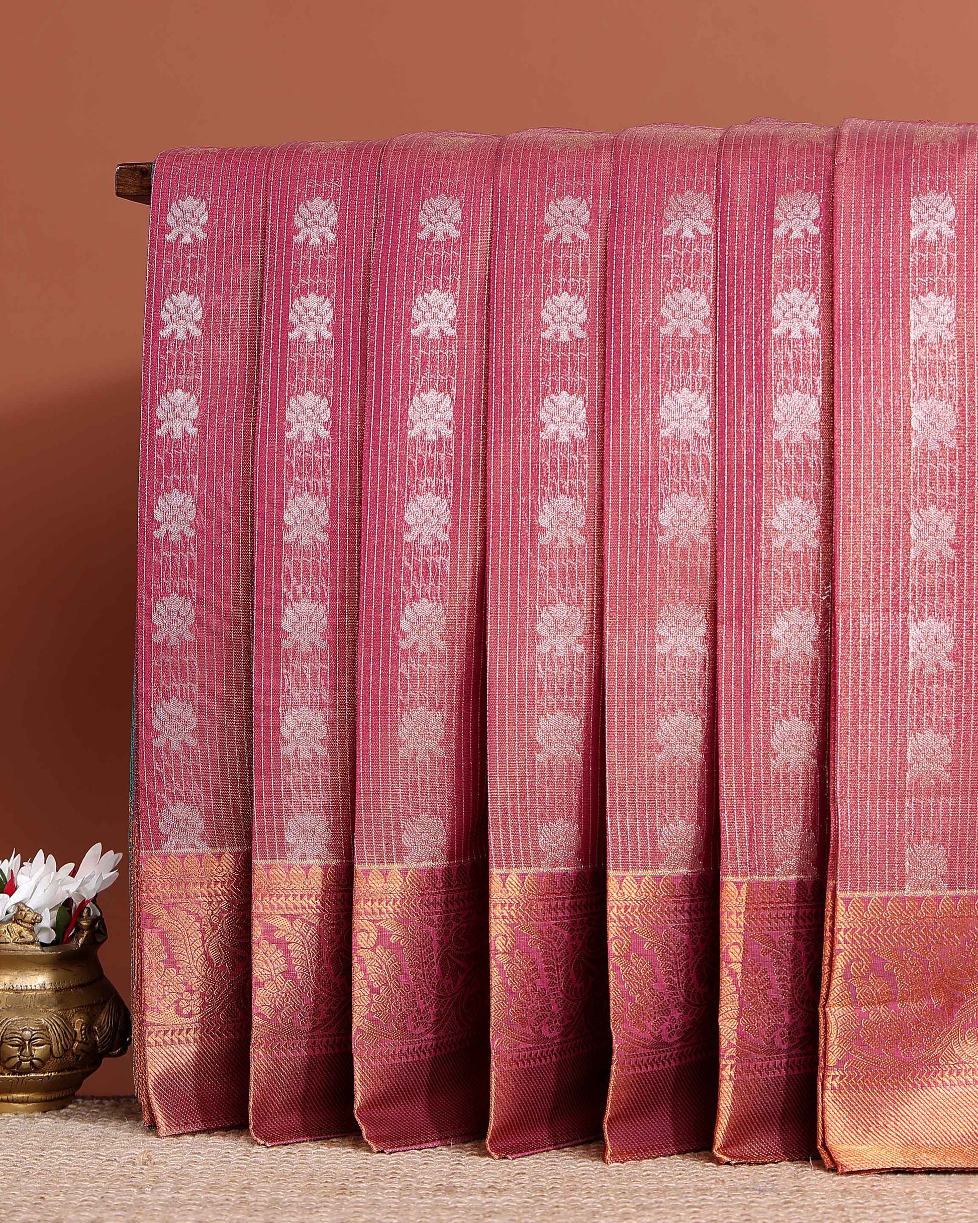 Elegant Elampillai Silk Cotton Saree with Intricate Zari Woven Floral Motifs and Brocade Border - Onion Pink