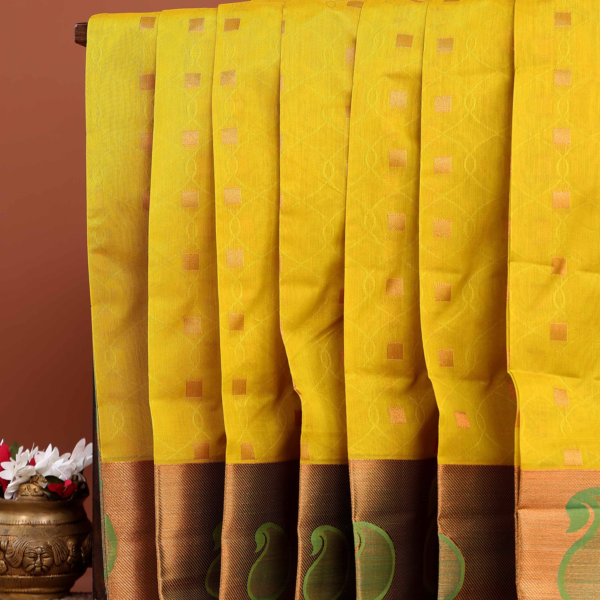 Elegant Elampillai Silk Cotton Saree with Intricate Zari Woven Motifs and Contrast Paisley Border - Yellow