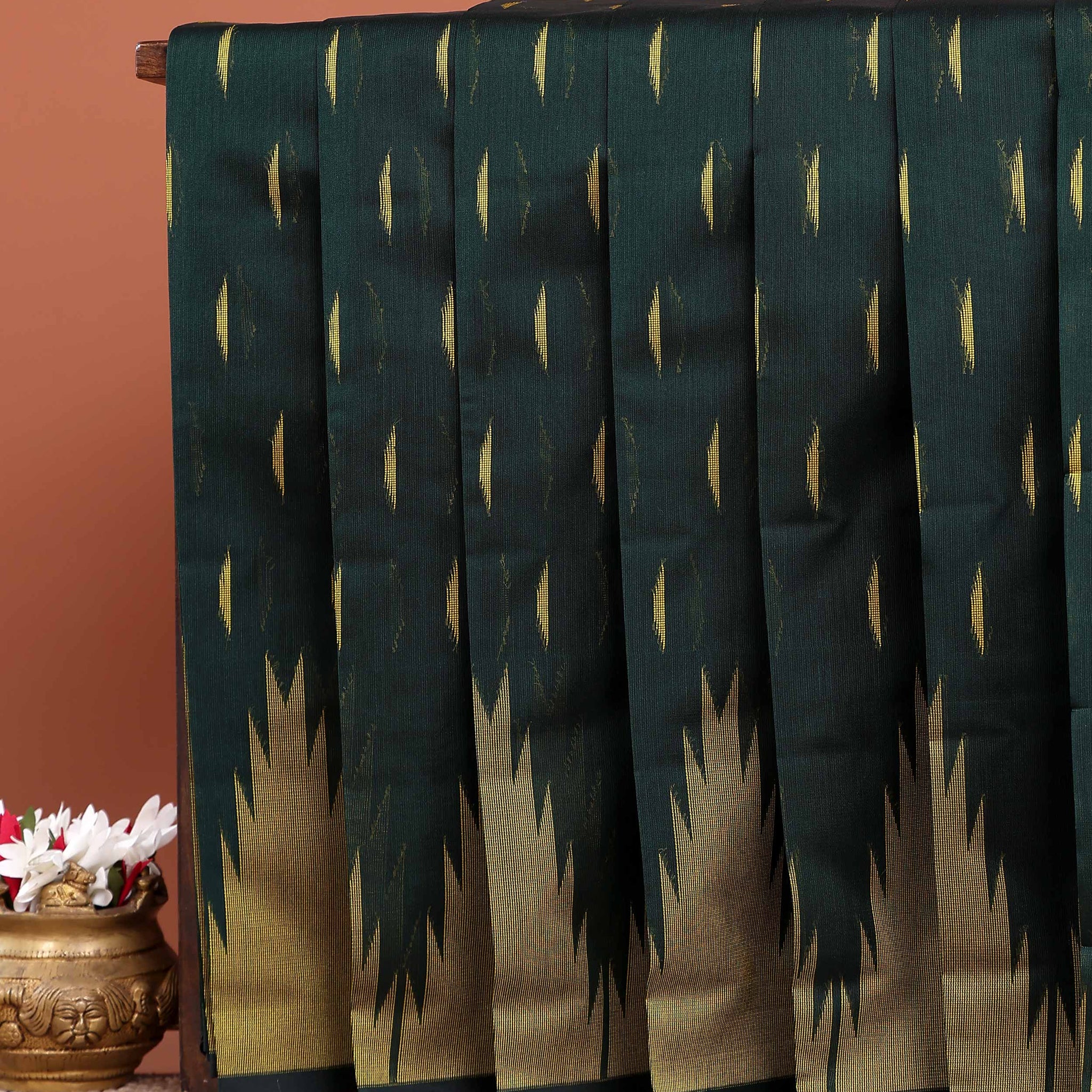 Elegant Elampillai Silk Cotton Saree with Traditional Ikkat Motifs and Zari Border - Dark Green