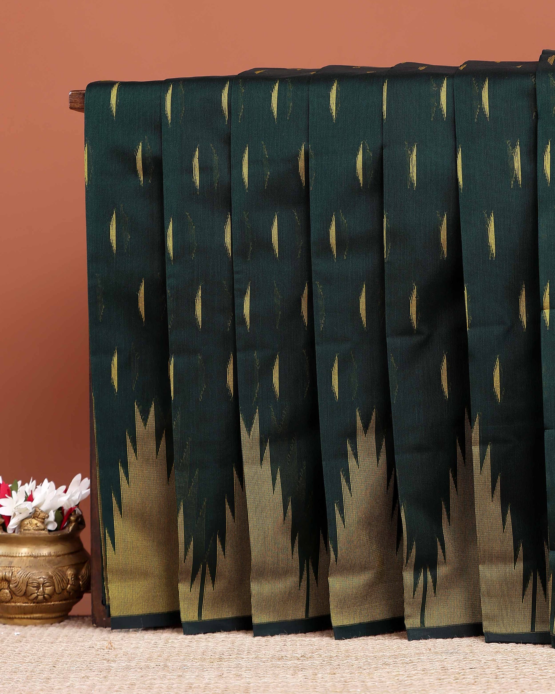 Elegant Elampillai Silk Cotton Saree with Traditional Ikkat Motifs and Zari Border - Dark Green