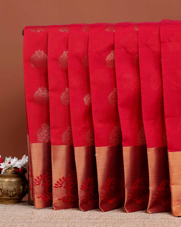 Elegant Elampillai Silk Cotton Saree with Traditional Zari Butta Motifs and Intricate Floral Border  - Red