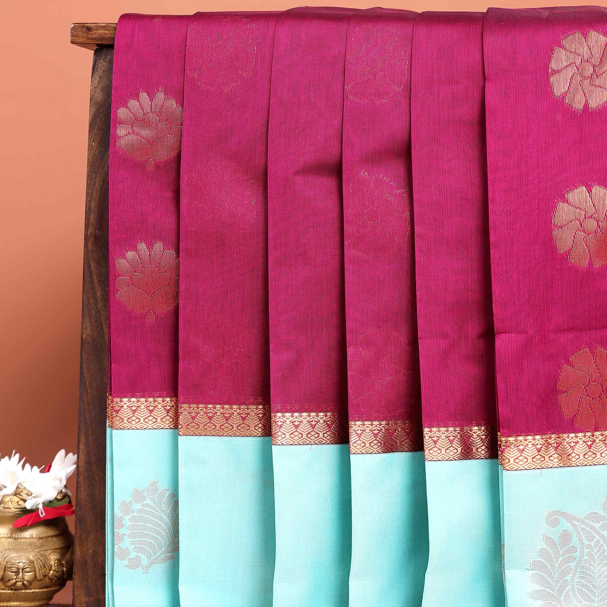 Elegant Elampillai Silk Cotton Saree with Traditional Zari Motifs and Contrast Border - Purple