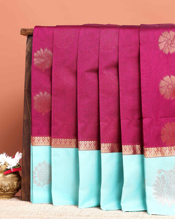Elegant Elampillai Silk Cotton Saree with Traditional Zari Motifs and Contrast Border - Purple