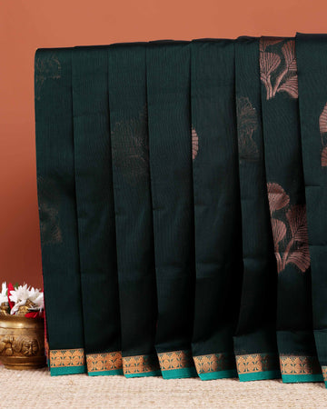 Elegant Elampillai Silk Cotton Saree with Traditional Zari Woven Border and Intricate Leaf Motifs - Dark Green