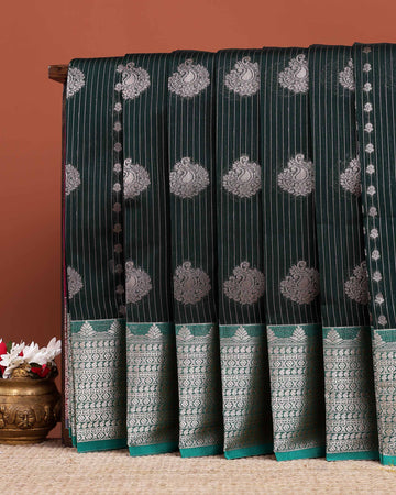 Elegant Elampillai Silk Cotton Saree with Zari Woven Vertical Stripes and Peacock Motifs - Dark Green