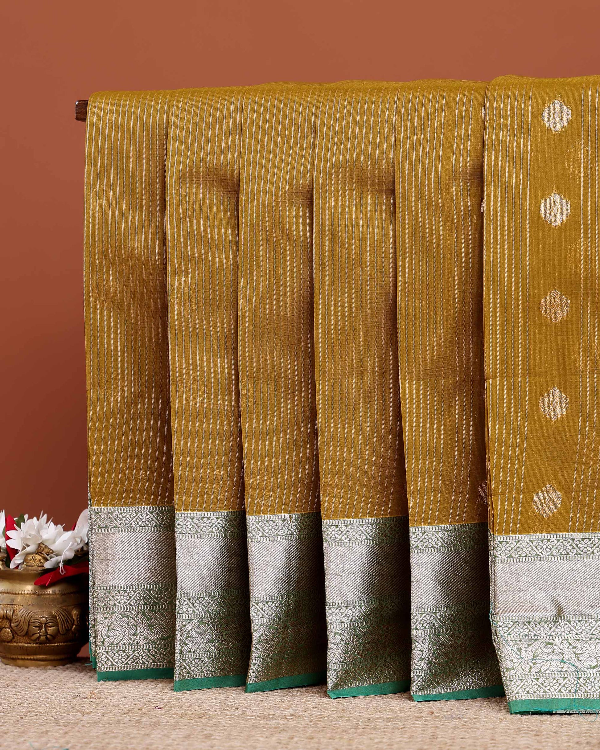 Elegant Elampillai  Silk Cotton Weave Saree Adorned with Geometric and Floral Border Motifs - Olive Green 