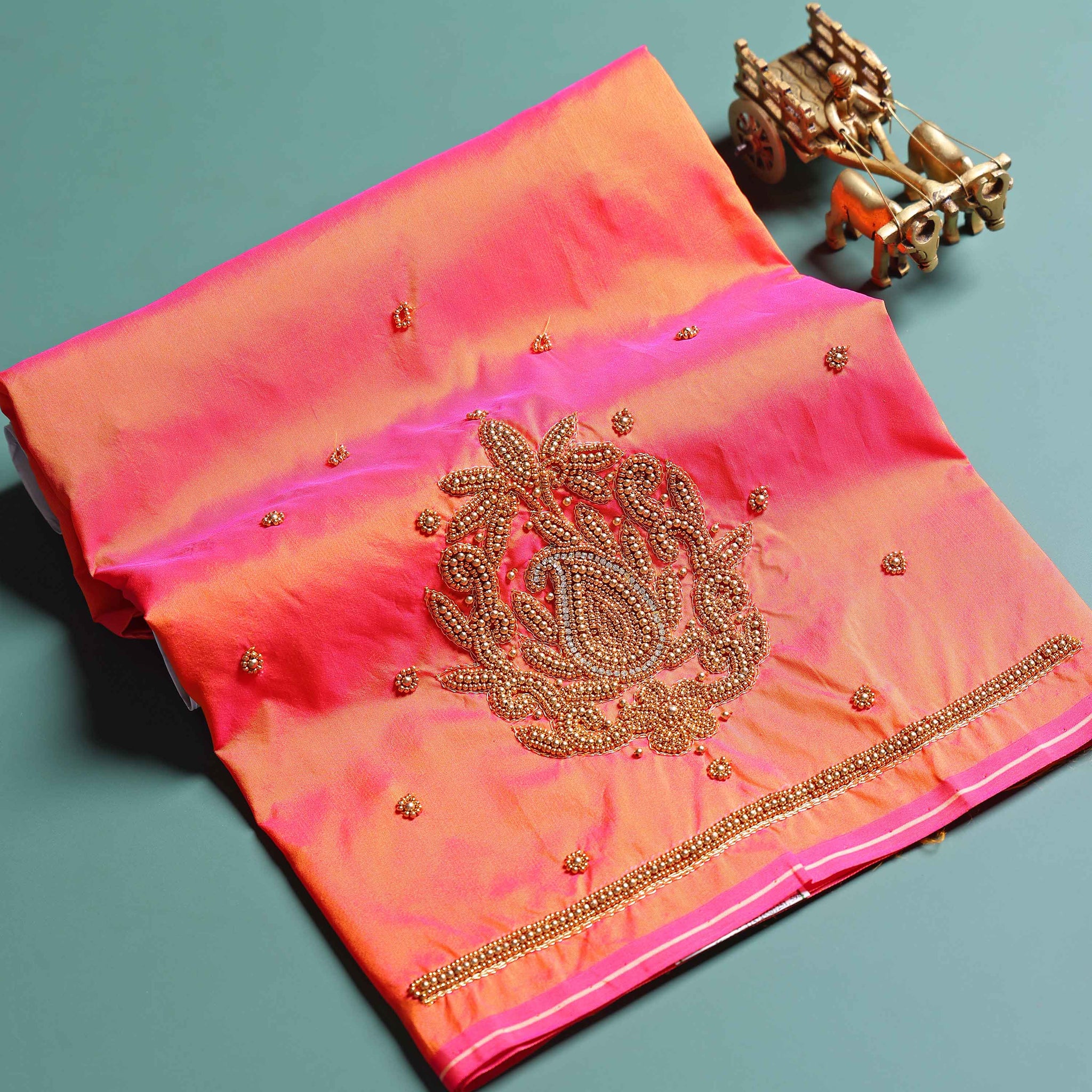 Elegant Embroidered Designer Blouse Material with Intricate Bead and Thread Work -Orange