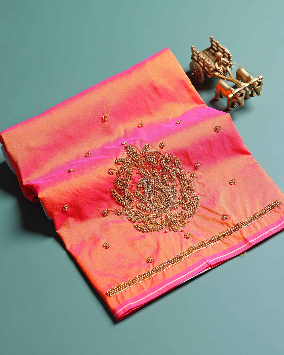 Elegant Embroidered Designer Blouse Material with Intricate Bead and Thread Work -Orange