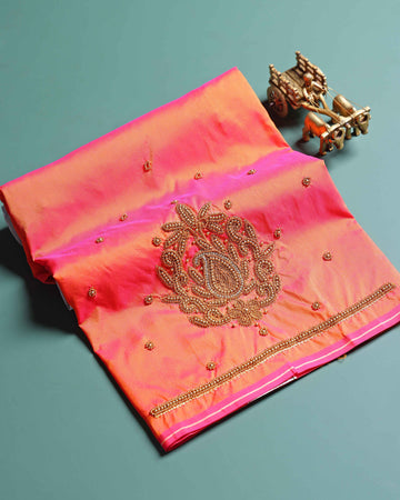 Elegant Embroidered Designer Blouse Material with Intricate Bead and Thread Work -Orange