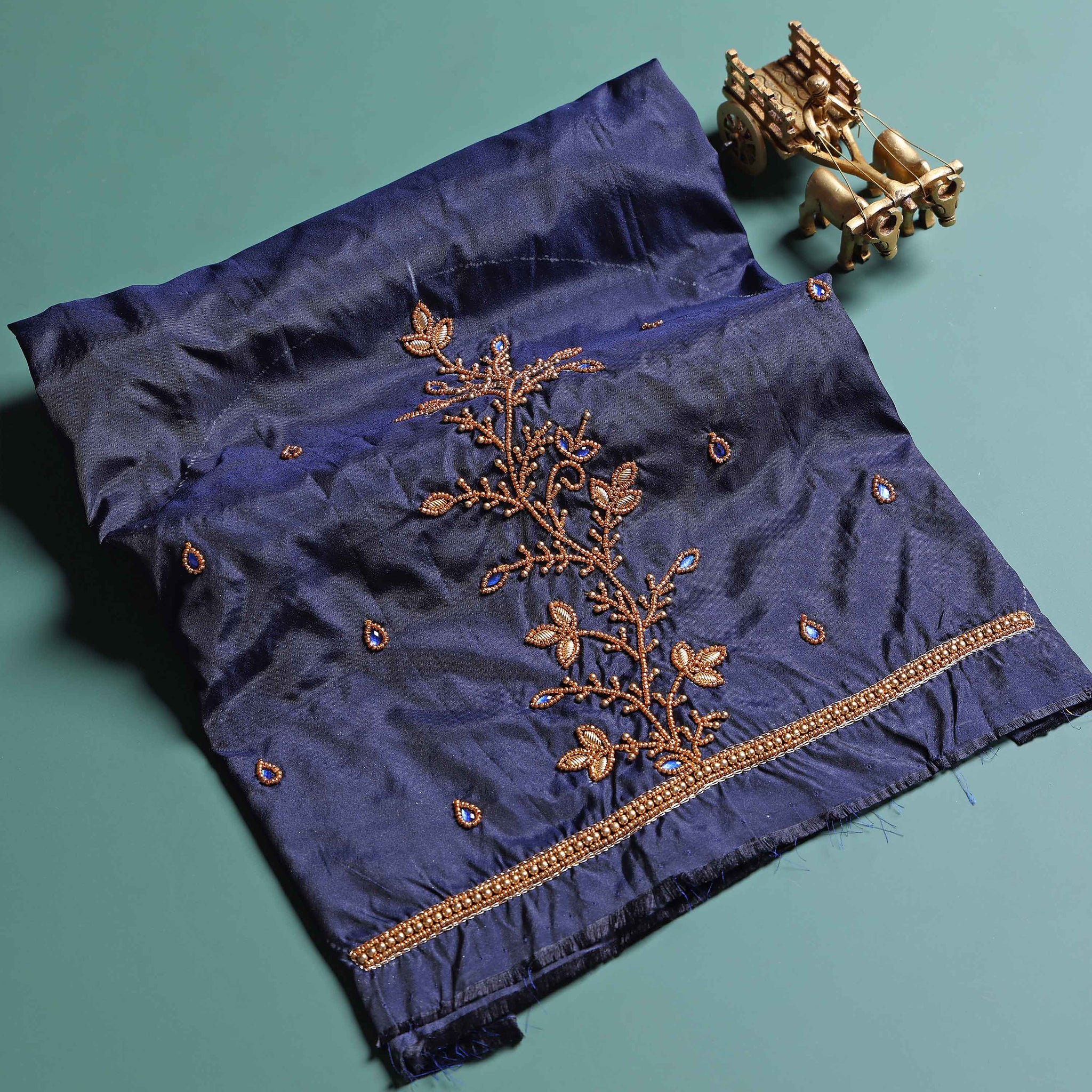 Elegant Embroidered Designer Blouse Material with Intricate Bead and Thread Work - Navy Blue