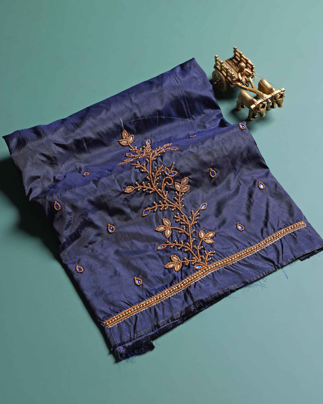 Elegant Embroidered Designer Blouse Material with Intricate Bead and Thread Work - Navy Blue