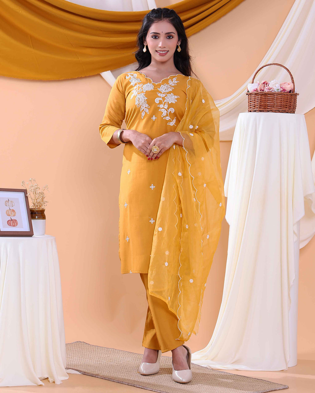 Elegant Embroidered Floral Women's Readymade Salwar Set with Designer Detailing - Yellow