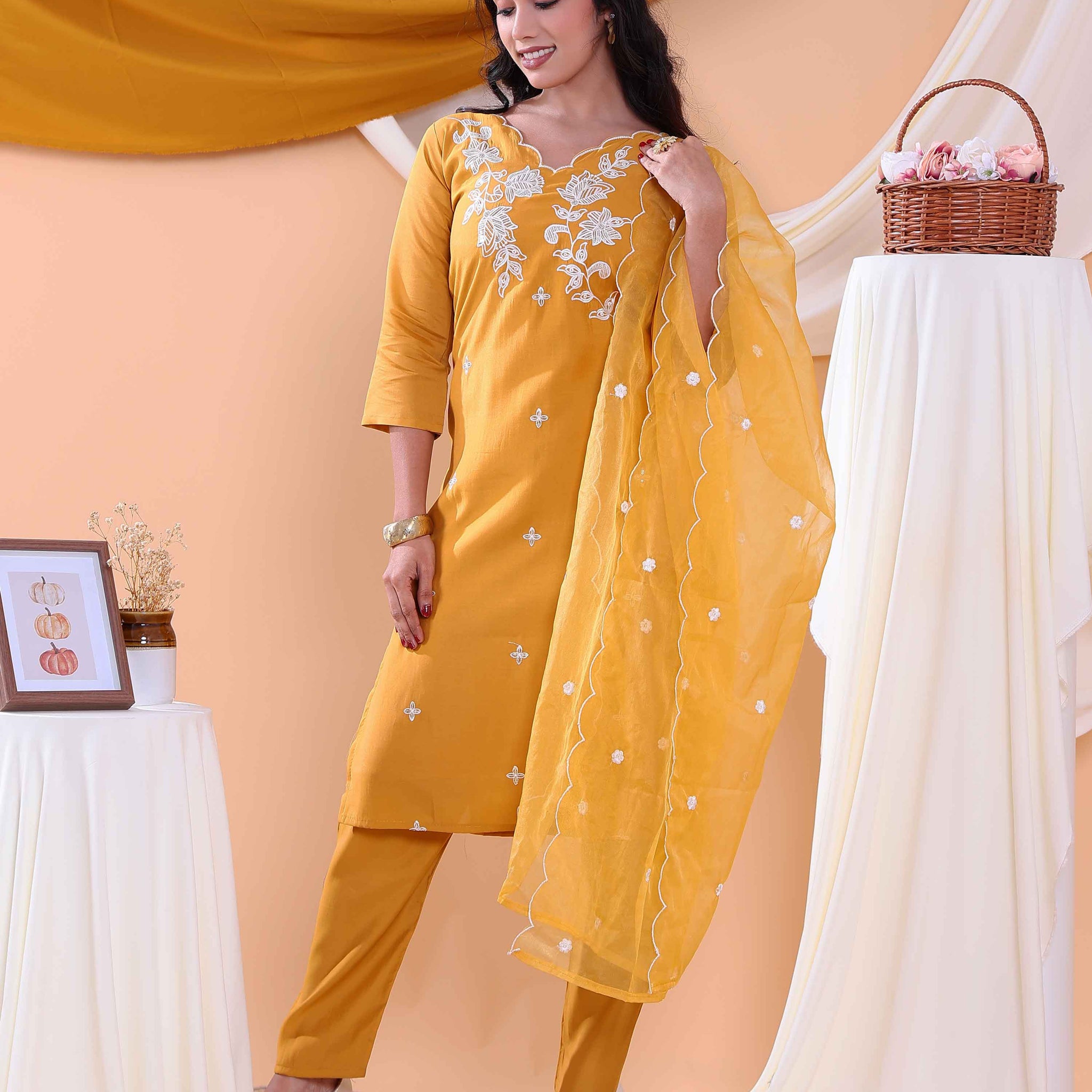 Elegant Embroidered Floral Women's Readymade Salwar Set with Designer Detailing - Yellow