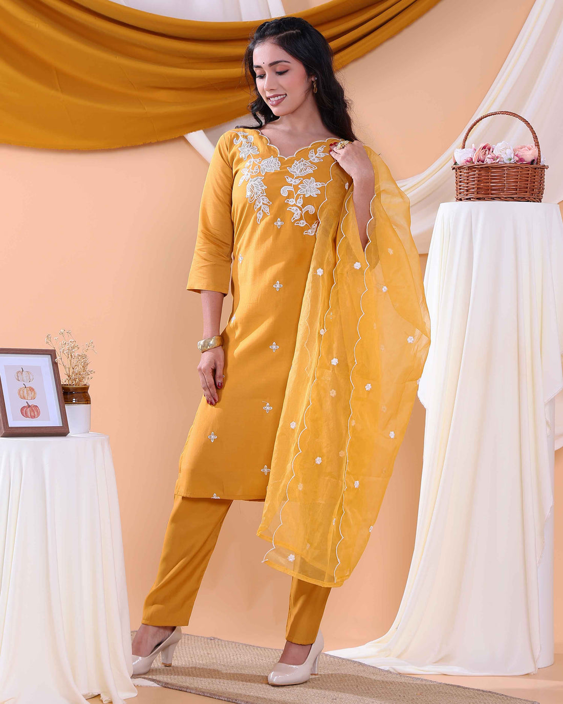 Elegant Embroidered Floral Women's Readymade Salwar Set with Designer Detailing - Yellow