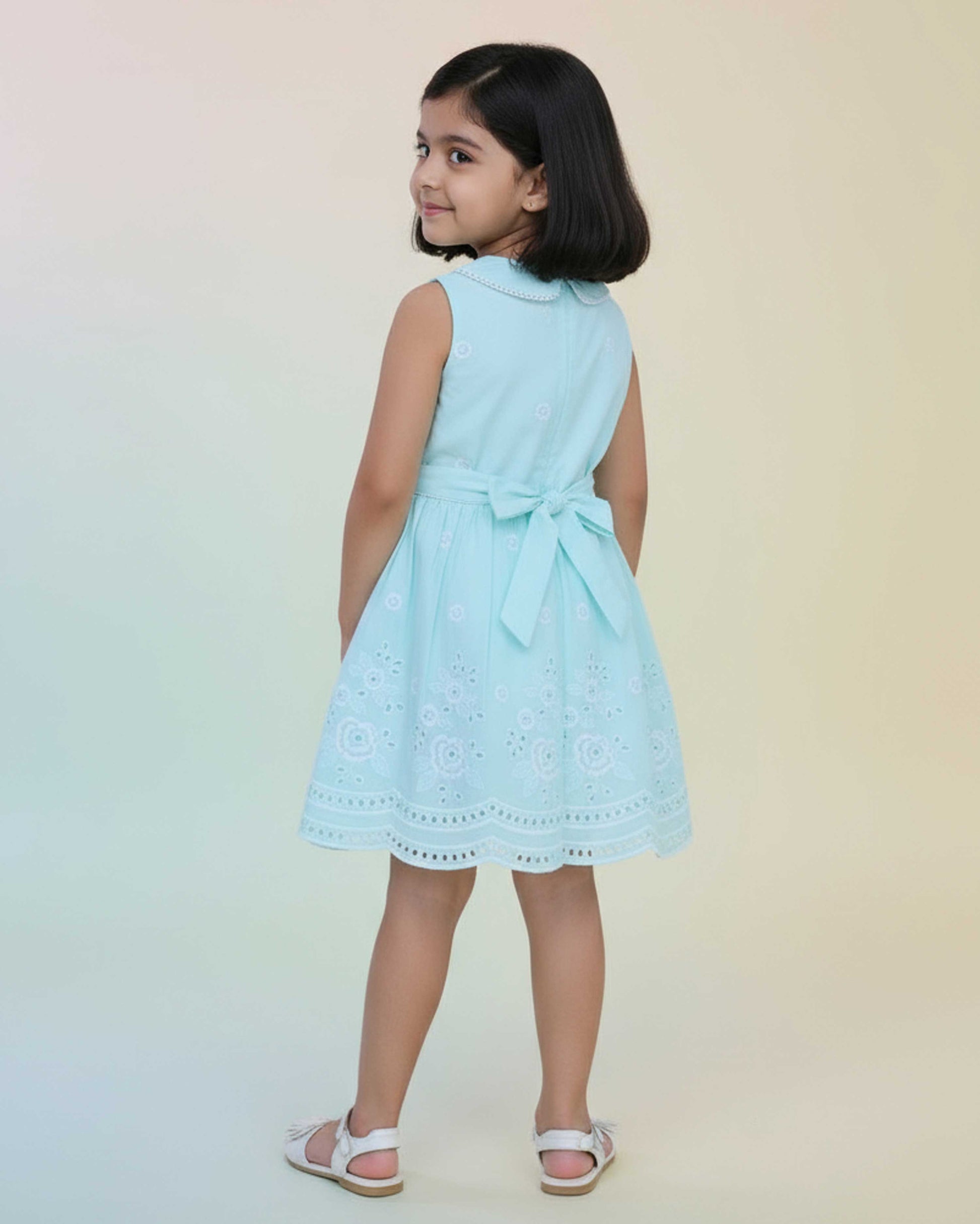 Elegant Embroidered Sleeveless Kids Frock with Peter Pan Collar and Bow Waist Design - Blue-Back