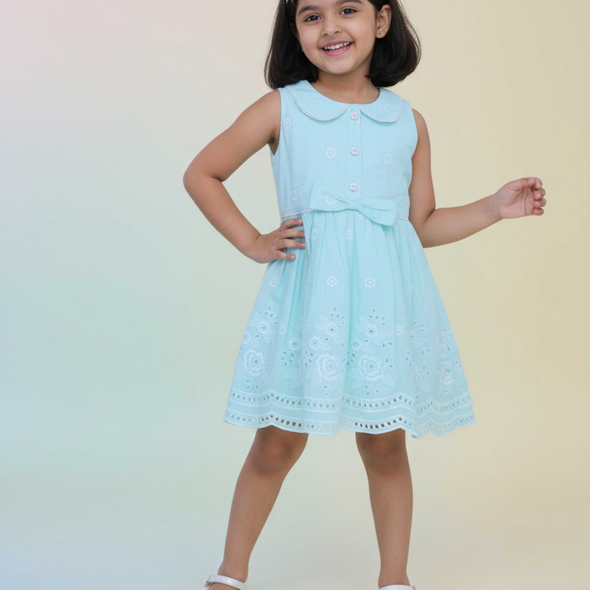 Elegant Embroidered Sleeveless Kids Frock with Peter Pan Collar and Bow Waist Design - Blue