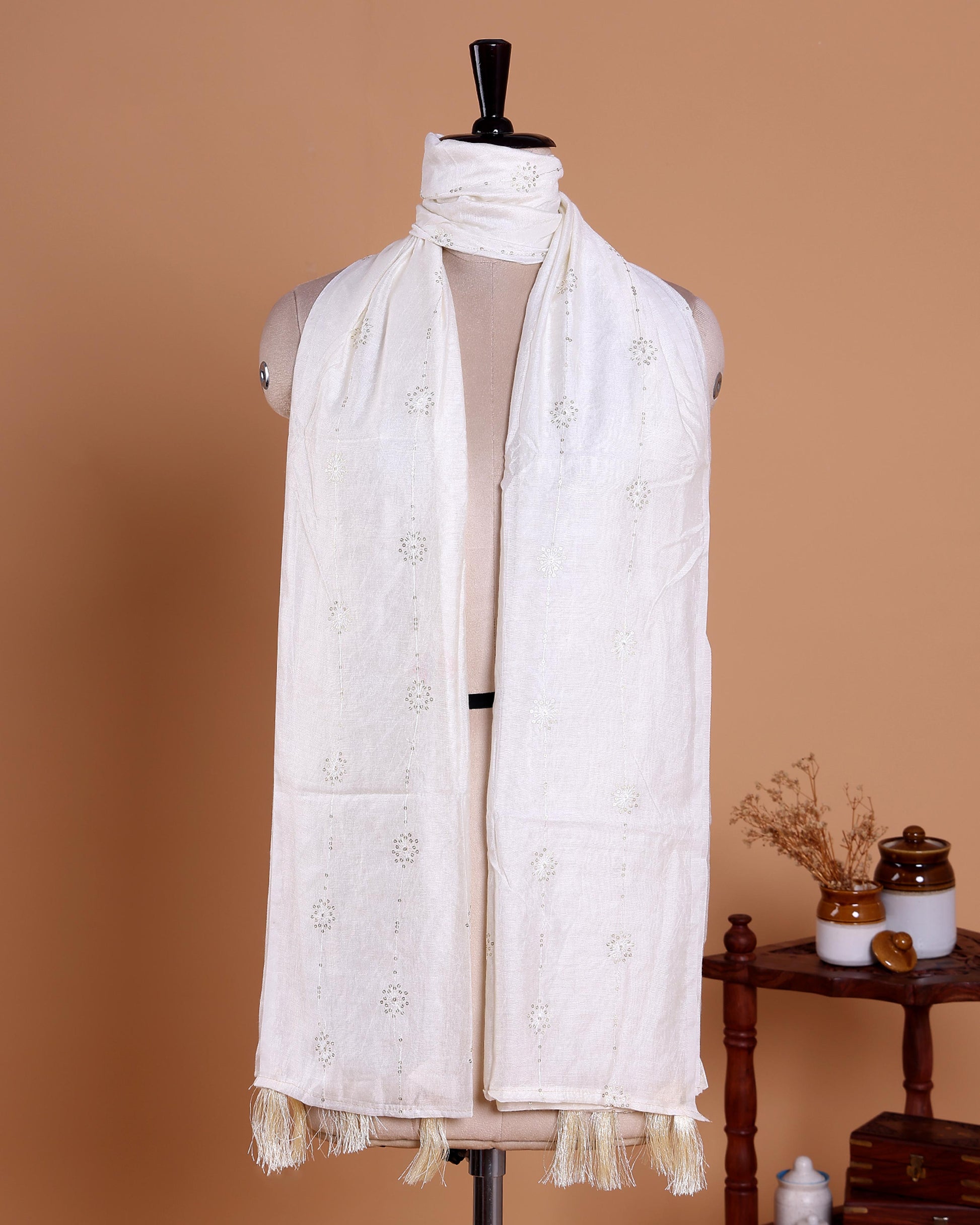 Elegant Embroidered Women’s Dupatta with Delicate Vertical Motif Pattern - Cream