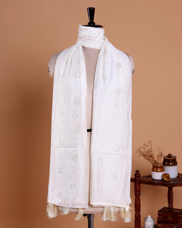 Elegant Embroidered Women’s Dupatta with Delicate Vertical Motif Pattern - Cream