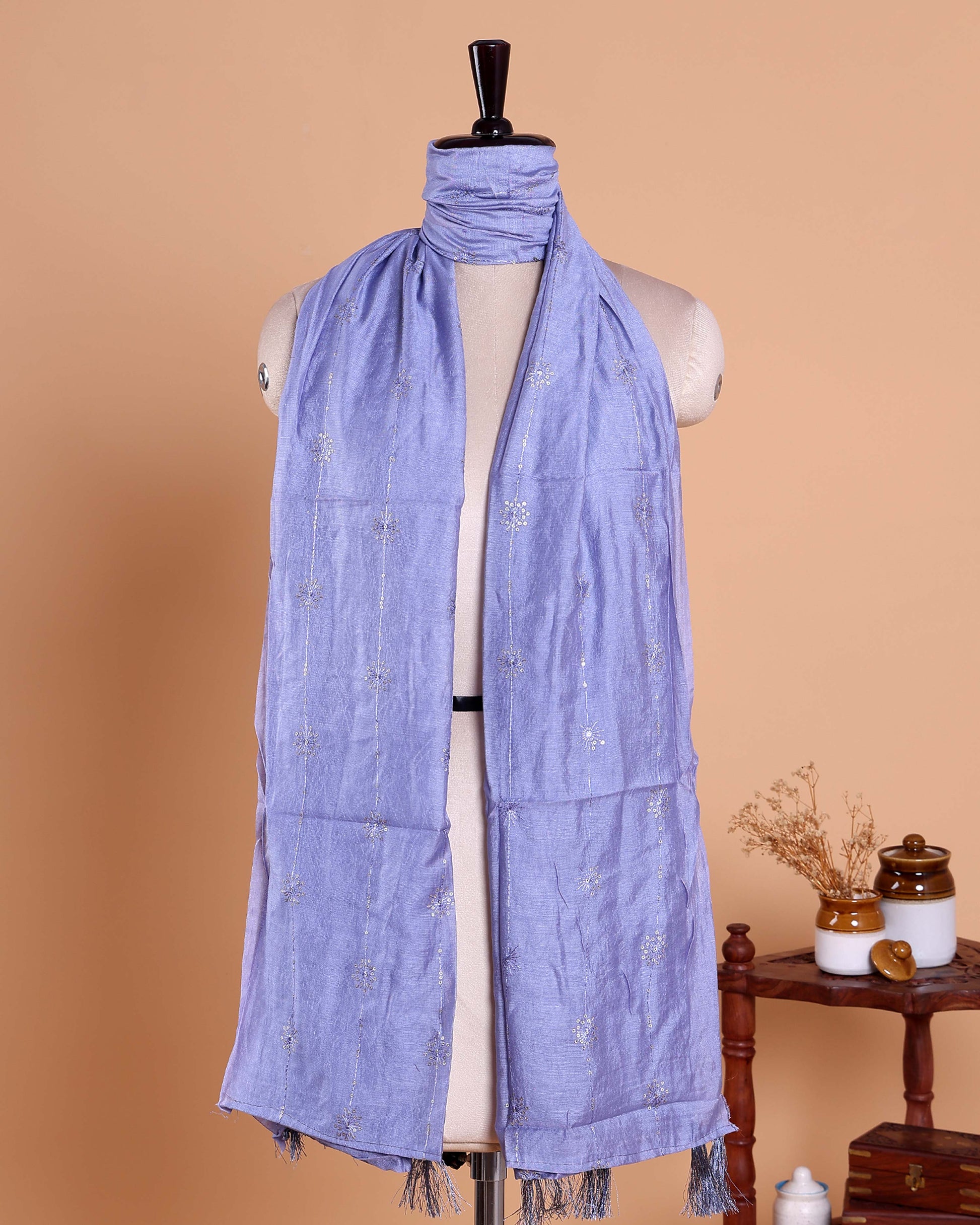 Elegant Embroidered Women’s Dupatta with Delicate Vertical Motif Pattern - Light Purple