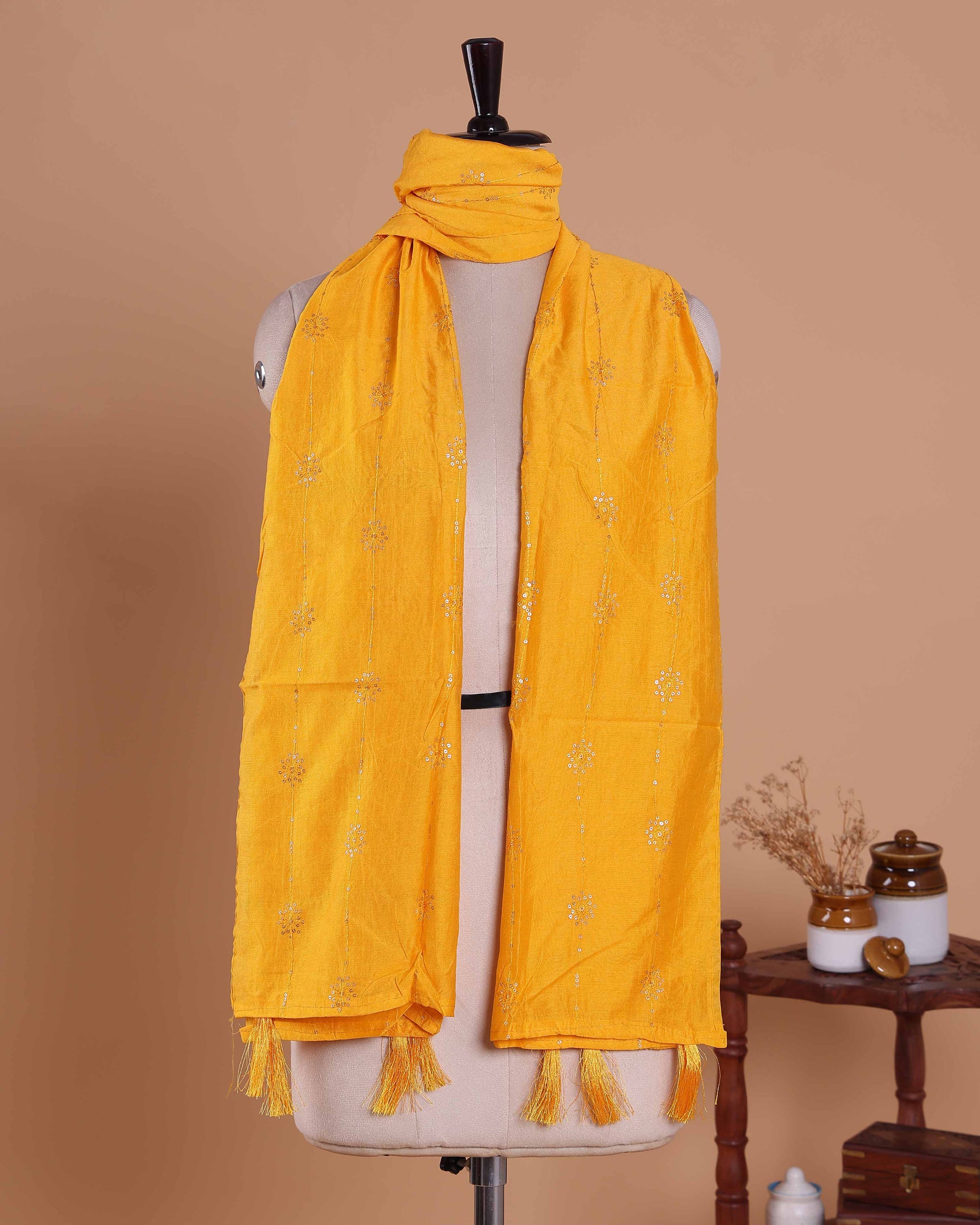 Elegant Embroidered Women’s Dupatta with Delicate Vertical Motif Pattern - Mustard Yellow