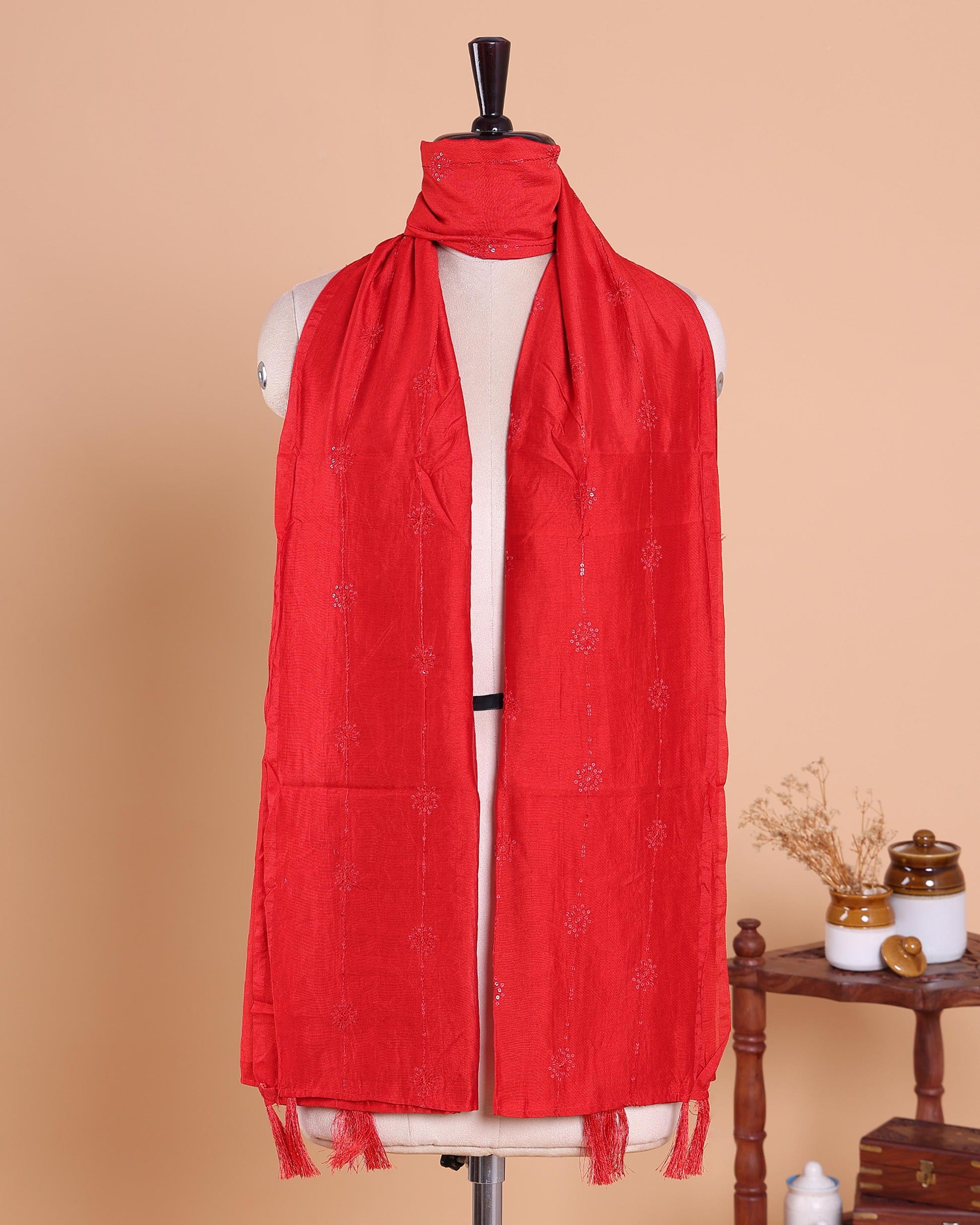 Elegant Embroidered Women’s Dupatta with Delicate Vertical Motif Pattern - Red