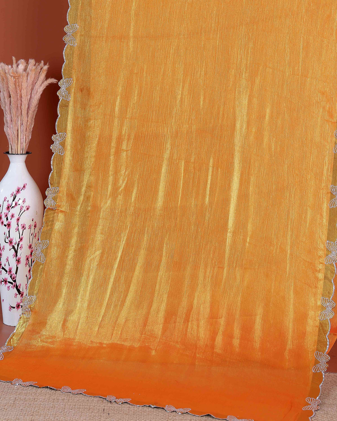 Elegant Fancy Saree with Subtle Sheen Finish & Delicate Butterfly Patterned Lace Border - Yellow