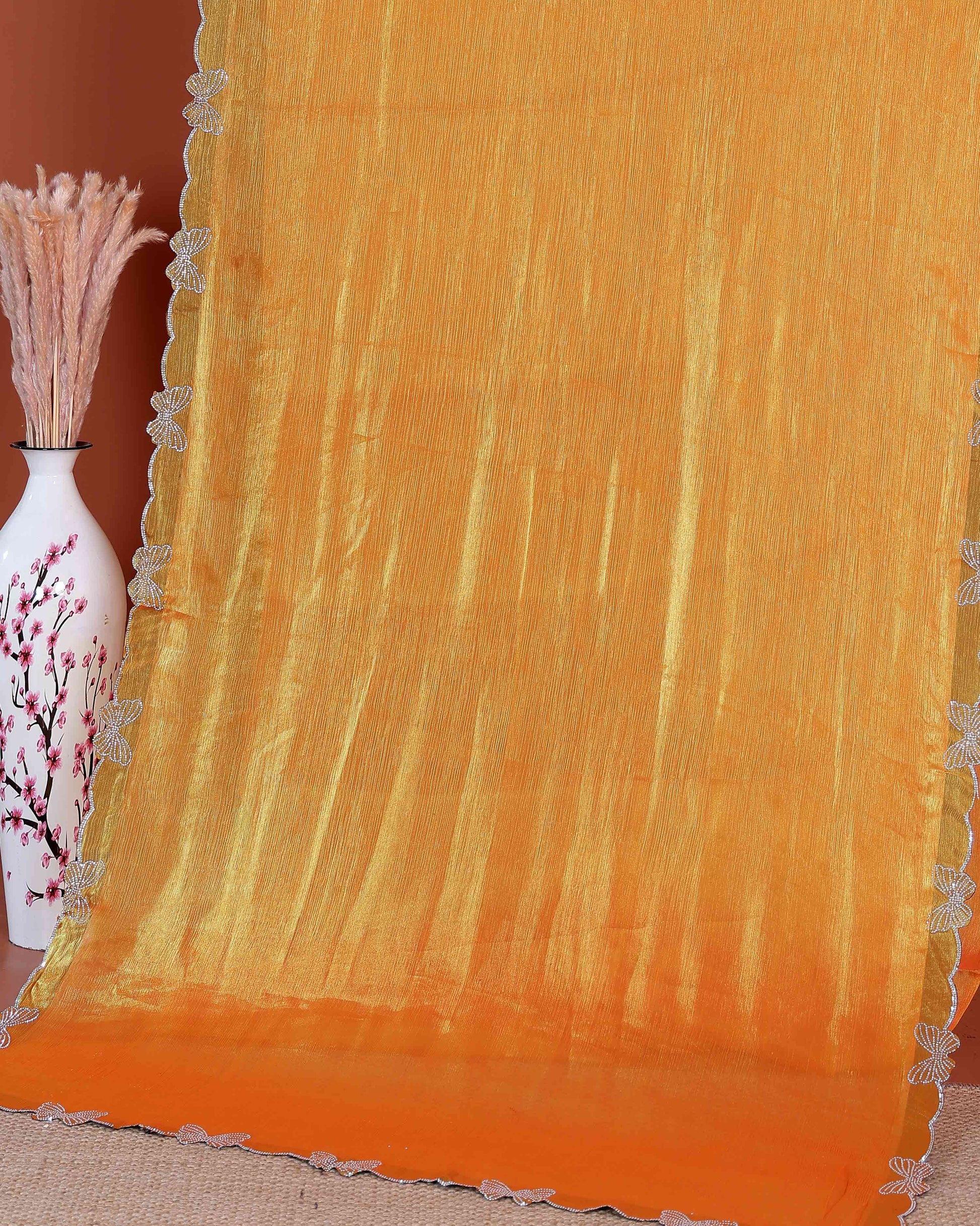 Elegant Fancy Saree with Subtle Sheen Finish & Delicate Butterfly Patterned Lace Border - Yellow