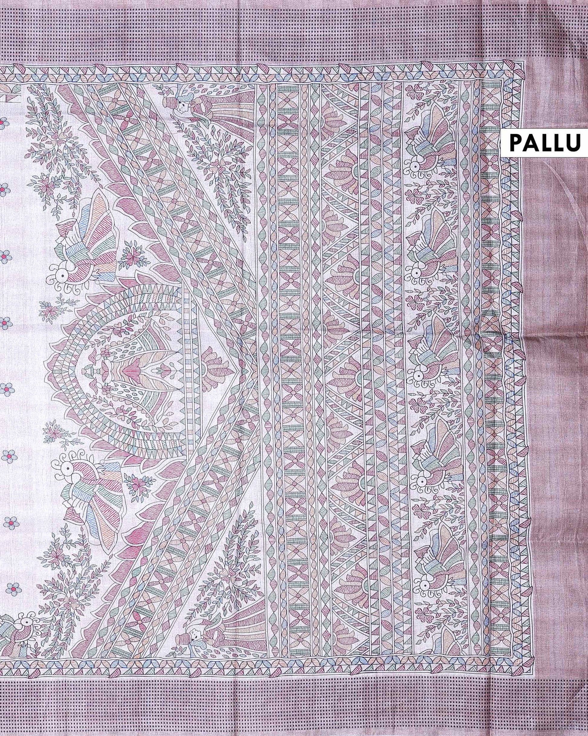Elegant Floral Buti Semi Tussar Saree with Artistic Bird & Foliage Printed Border - Beige-Pallu