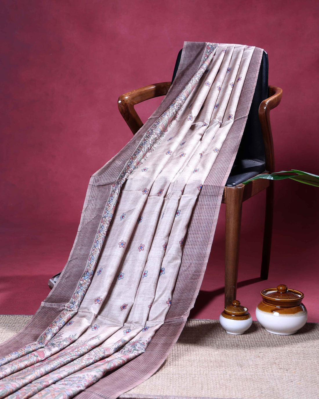 Elegant Floral Buti Semi Tussar Saree with Artistic Bird & Foliage Printed Border - Beige