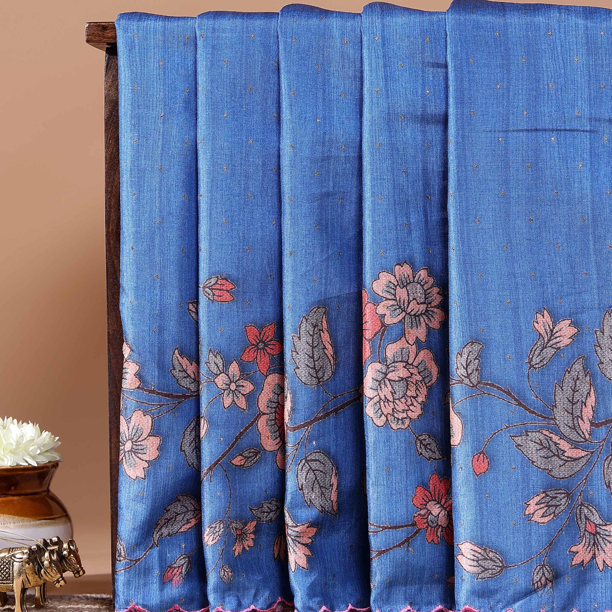 Elegant Floral Embroidered Semi Tussar Saree with All-Over Motifs - Blue