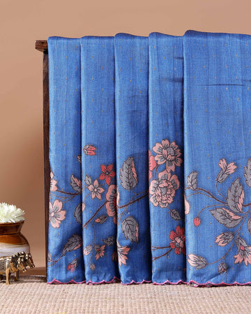 Elegant Floral Embroidered Semi Tussar Saree with All-Over Motifs - Blue