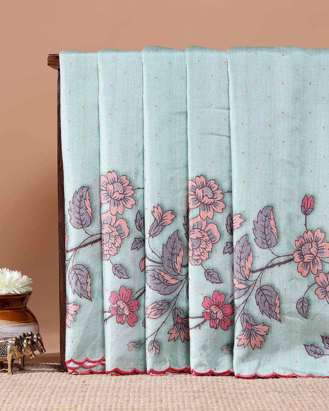 Elegant Floral Embroidered Semi Tussar Saree with All-Over Motifs -  Light Blue