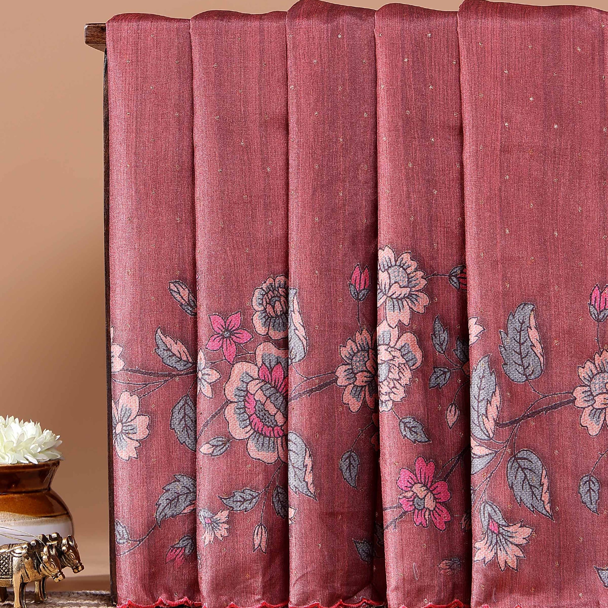 Elegant Floral Embroidered Semi Tussar Saree with All-Over Motifs - Maroon