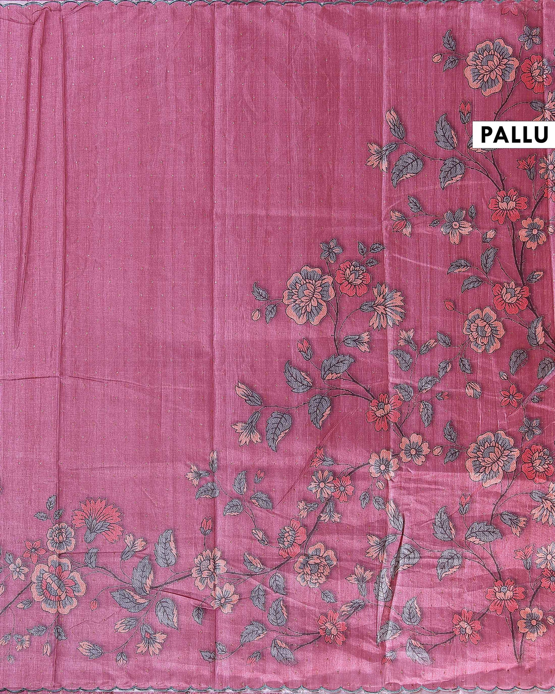 Elegant Floral Embroidered Semi Tussar Saree with All-Over Motifs - Pink