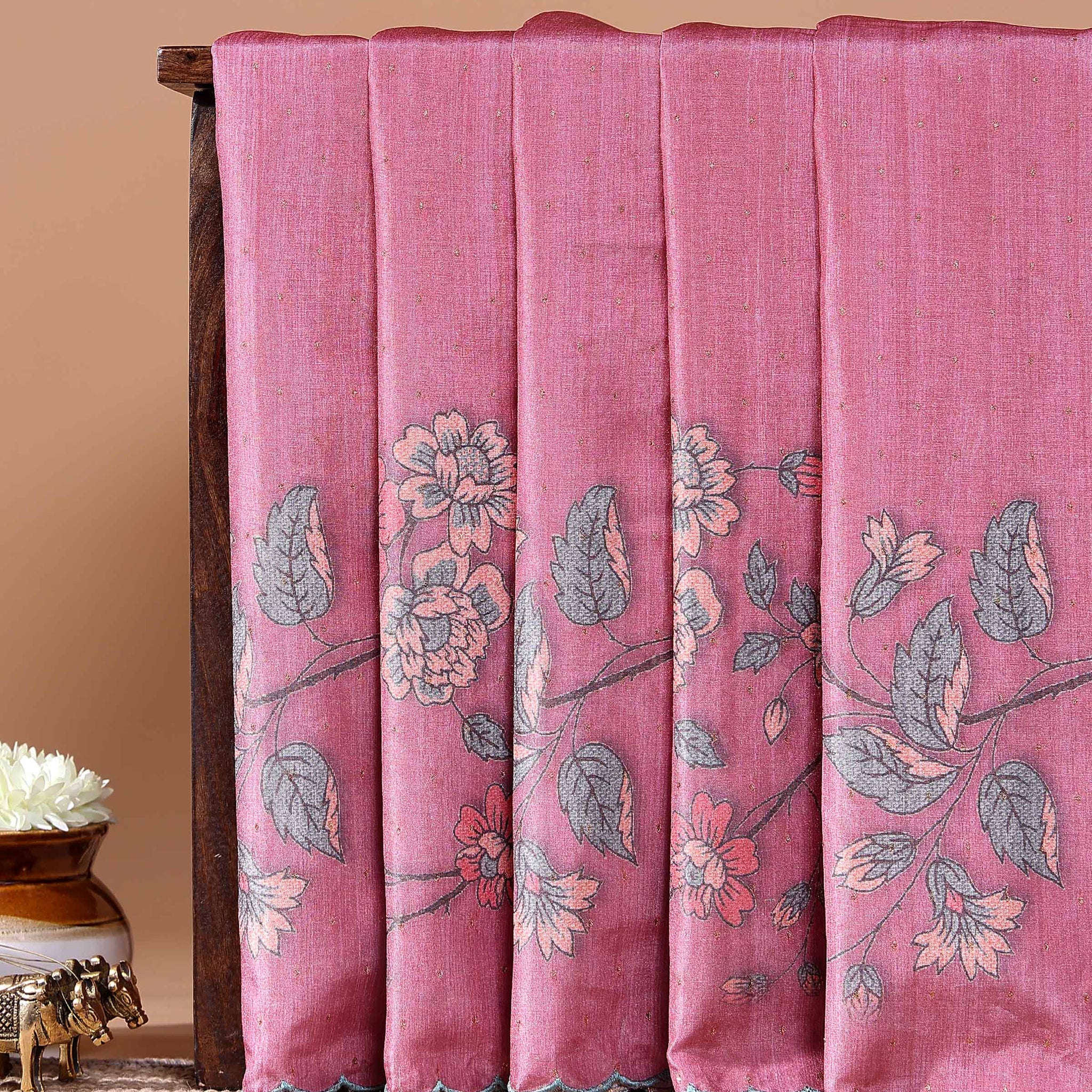 Elegant Floral Embroidered Semi Tussar Saree with All-Over Motifs - Pink