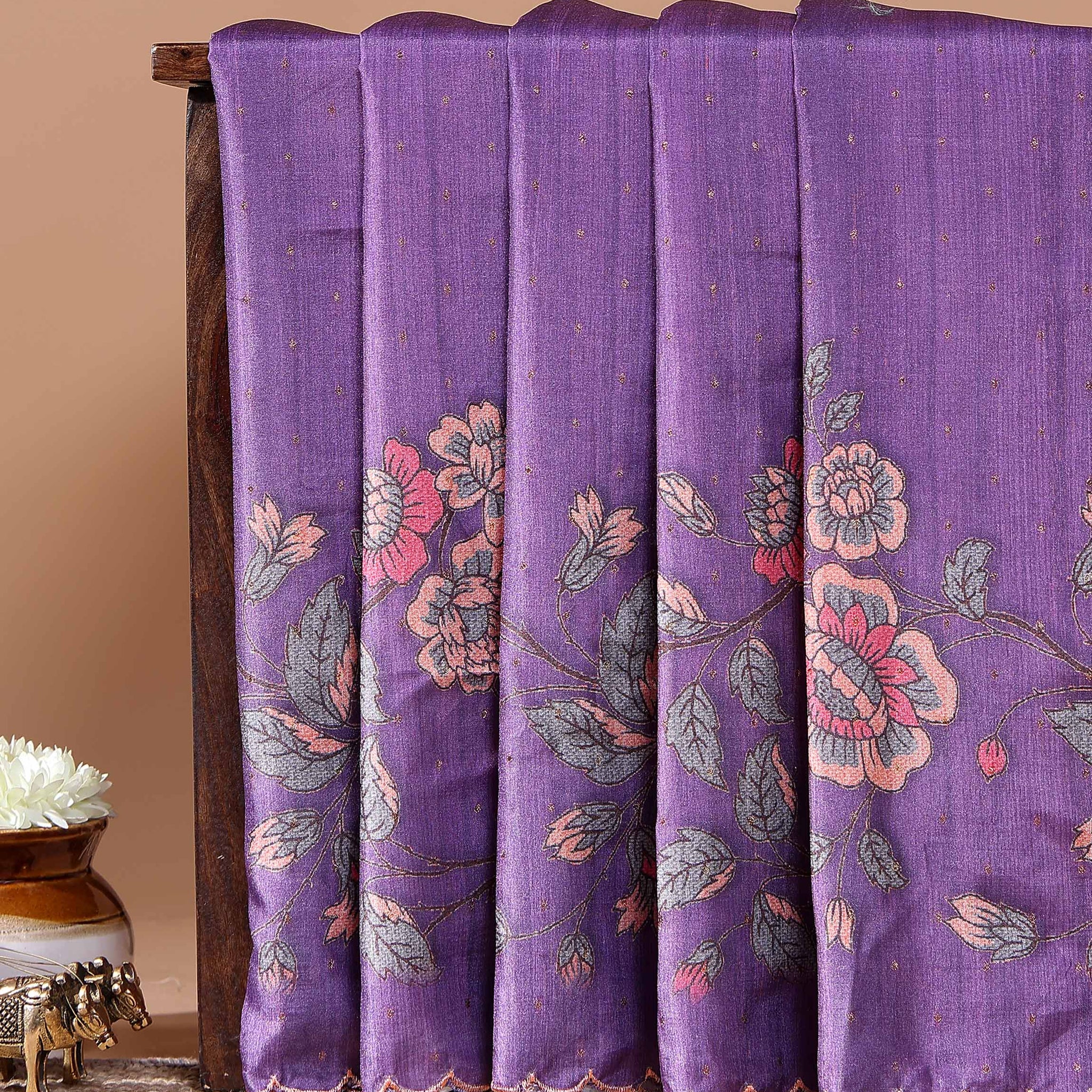 Elegant Floral Embroidered Semi Tussar Saree with All-Over Motifs - Purple