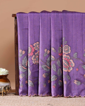Elegant Floral Embroidered Semi Tussar Saree with All-Over Motifs - Purple